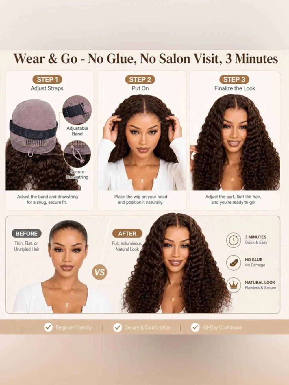 Chocolate Brown Deep Wave Human Hair Glueless 20 Inch Wig